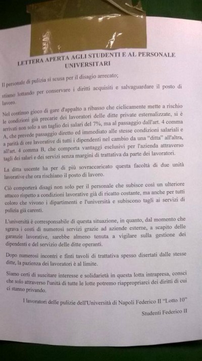 La lettera firmata da “I lavoratori delle pulizie dell'Università di Napoli Federico II 'Lotto 10'”