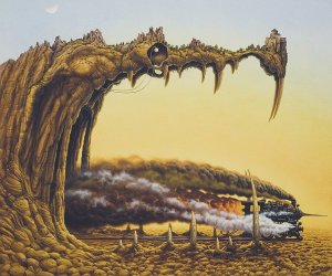 A-brilliant-surrealism-painting-by-Jacek-Yerka-of-a-steam-engine-train-exiting-the-mouth-of-a-dragon-made-of-land